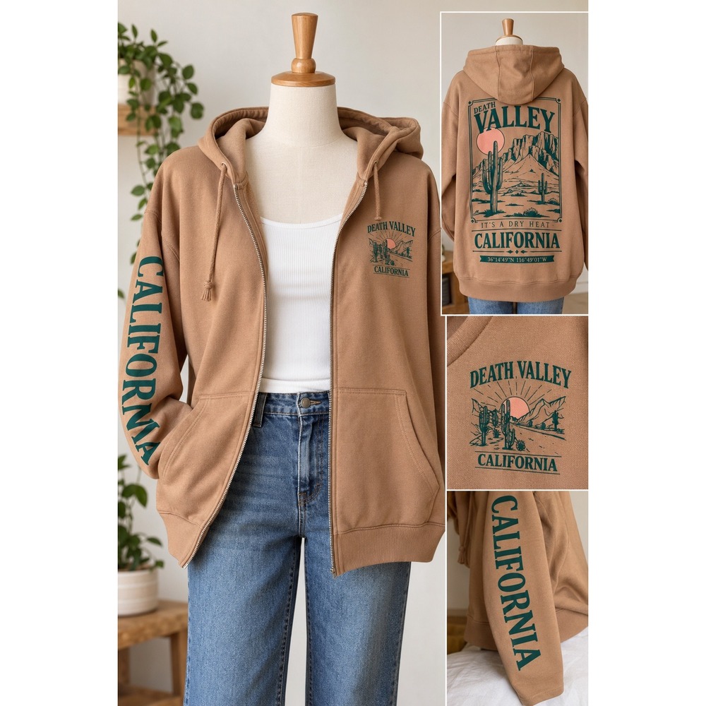 Social Scene Death Valley California Zip Up Hoodie Tan Brown Graphic Womens M